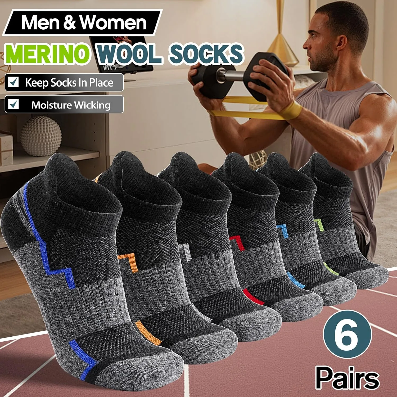 6 Pairs Merino Wool Ankle Hiking Running Socks Compression Support Thick Athletic Low Cut Socks for Women Men
