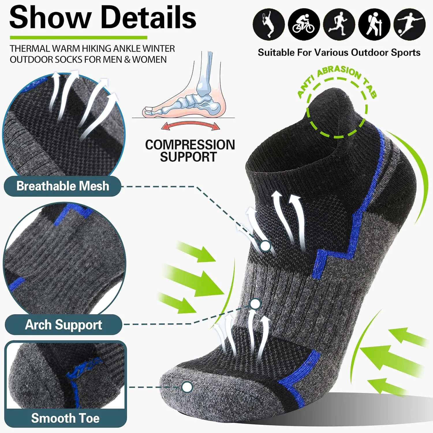 6 Pairs Merino Wool Ankle Hiking Running Socks Compression Support Thick Athletic Low Cut Socks for Women Men