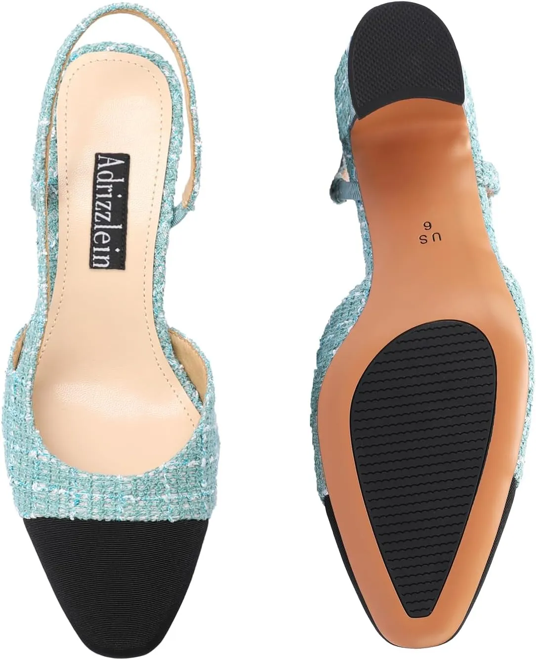 Adrizzlein Womens Slingback Heeled Pumps Closed Round Toe Block Heels Two Toned Casual Chunky Heels Office Shoes