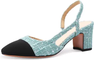 Adrizzlein Womens Slingback Heeled Pumps Closed Round Toe Block Heels Two Toned Casual Chunky Heels Office Shoes