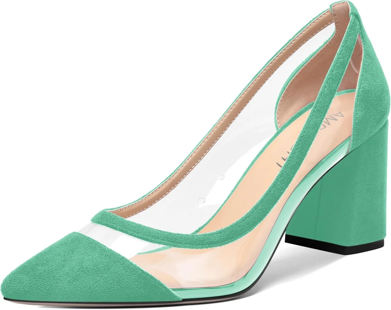 AMBELIGHT Womens Suede Dress PVC Pointed Toe Solid Slip On Office Block High Heel Pumps Shoes 3.3 Inch