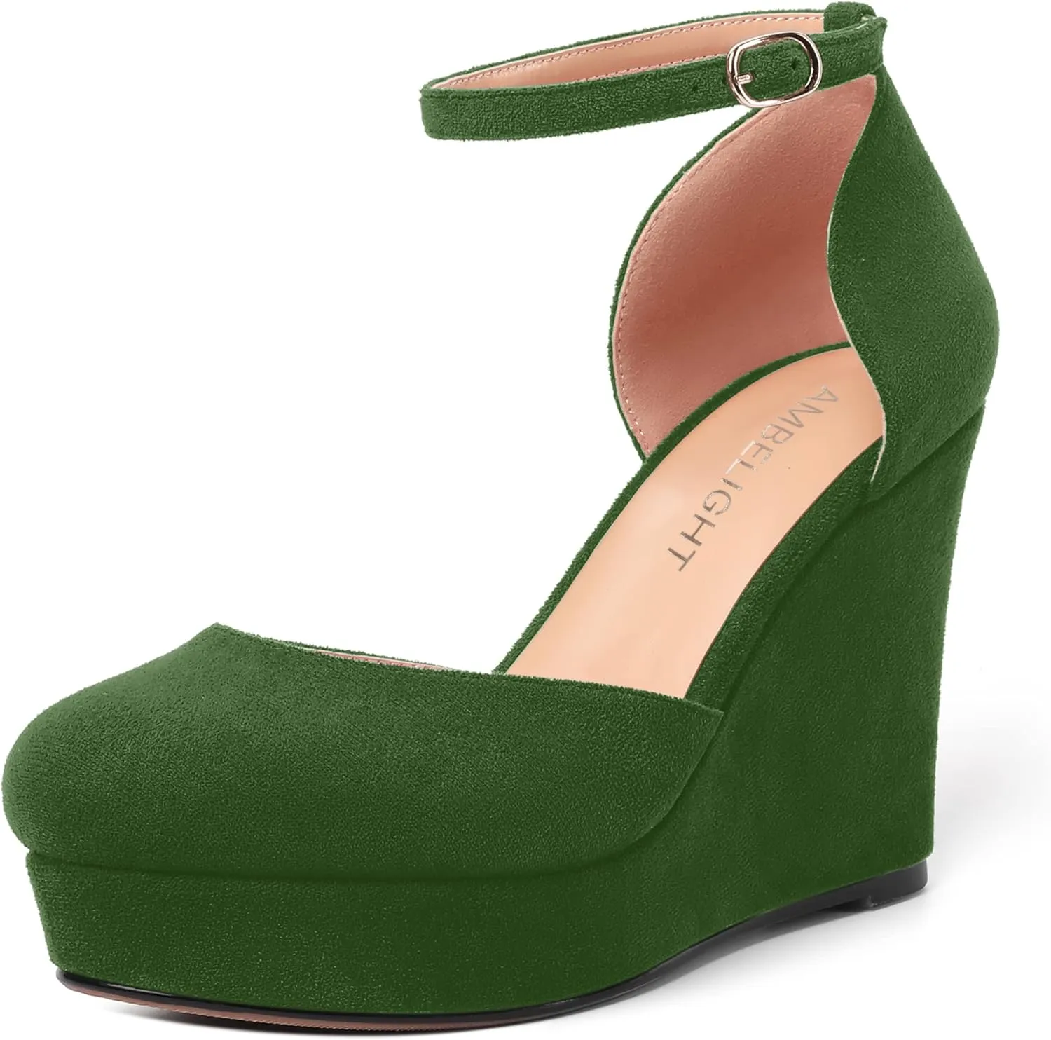 AMBELIGHT Womens Suede Solid Cute Round Toe Party Platform Ankle Strap Buckle Wedge High Heel Pumps Shoes 4 Inch