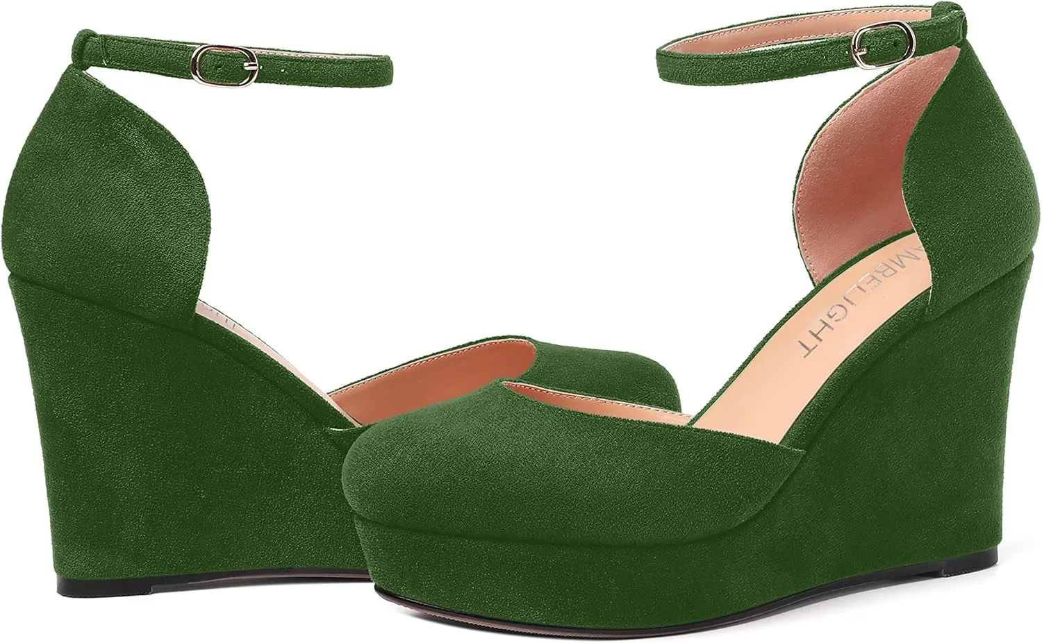 AMBELIGHT Womens Suede Solid Cute Round Toe Party Platform Ankle Strap Buckle Wedge High Heel Pumps Shoes 4 Inch