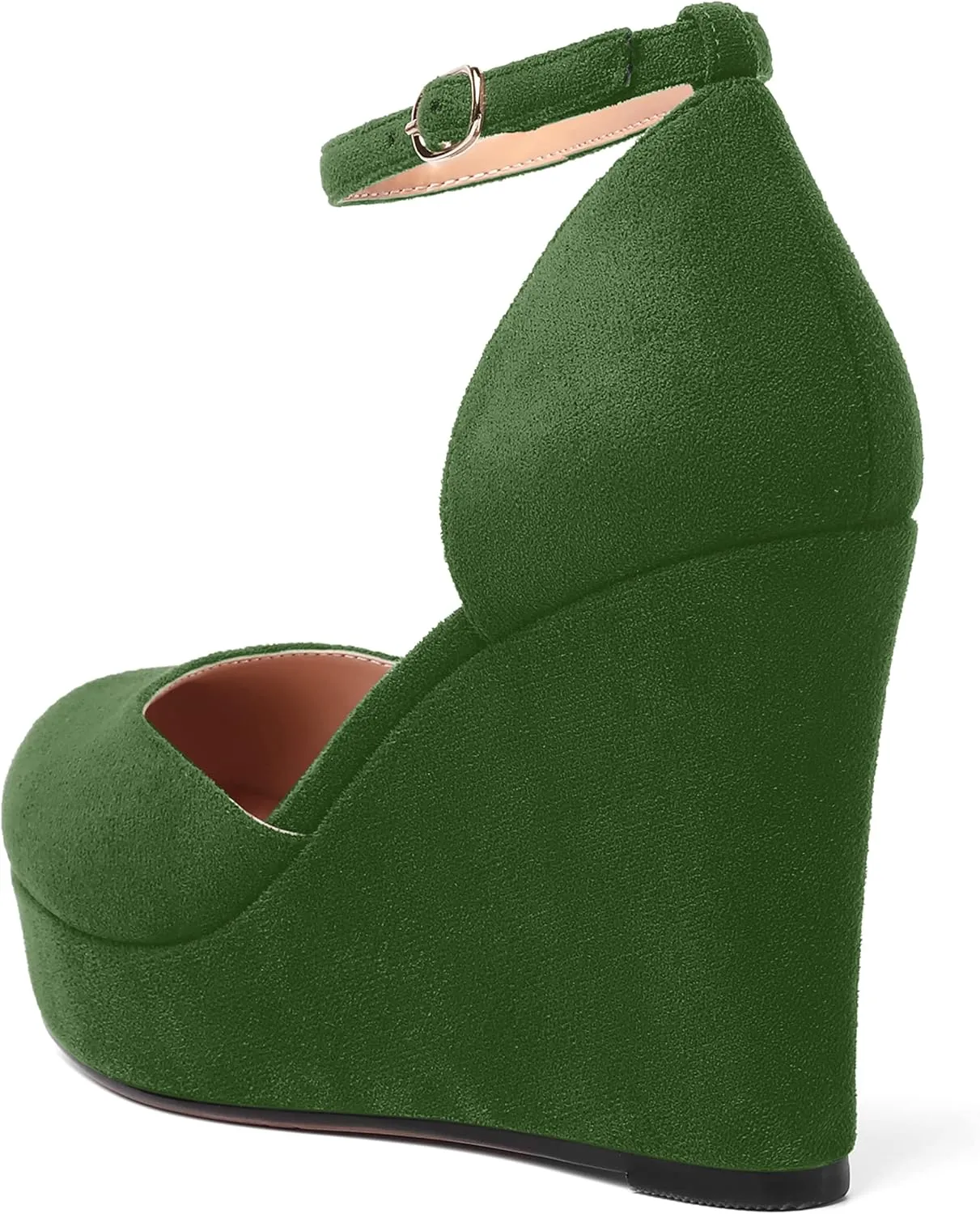 AMBELIGHT Womens Suede Solid Cute Round Toe Party Platform Ankle Strap Buckle Wedge High Heel Pumps Shoes 4 Inch