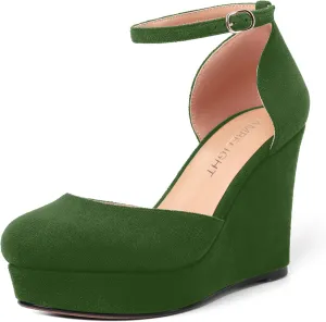 AMBELIGHT Womens Suede Solid Cute Round Toe Party Platform Ankle Strap Buckle Wedge High Heel Pumps Shoes 4 Inch
