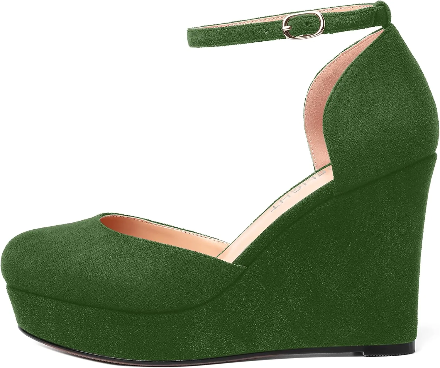 AMBELIGHT Womens Suede Solid Cute Round Toe Party Platform Ankle Strap Buckle Wedge High Heel Pumps Shoes 4 Inch