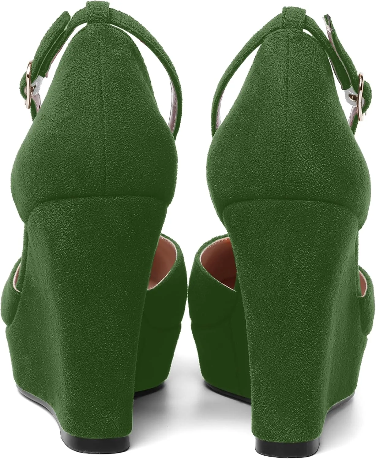 AMBELIGHT Womens Suede Solid Cute Round Toe Party Platform Ankle Strap Buckle Wedge High Heel Pumps Shoes 4 Inch