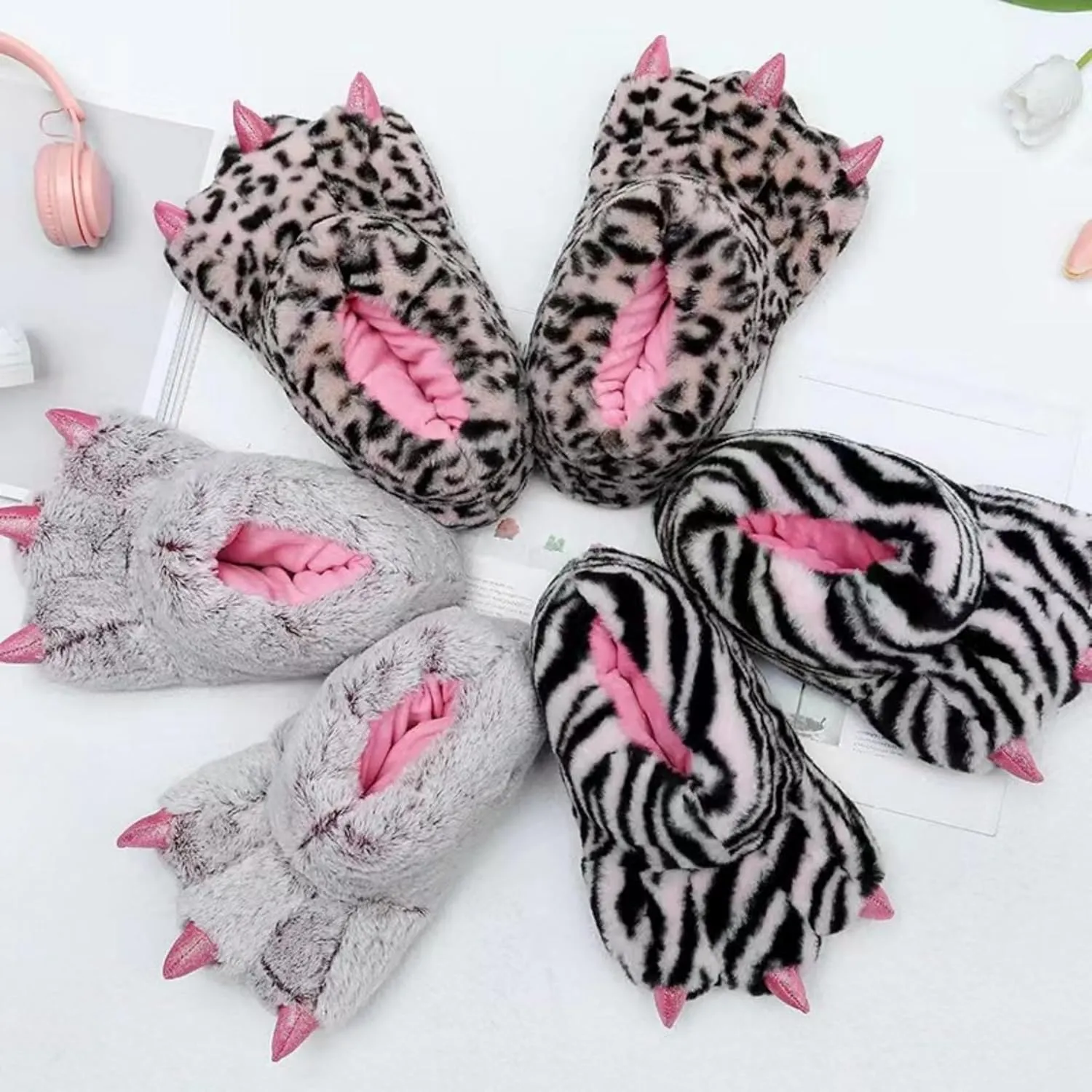 Animal Paw Slippers Bear Claw Slippers Cute Novelty Women Home Slippers Men Winter Fuzzy Paw Cotton Shoes