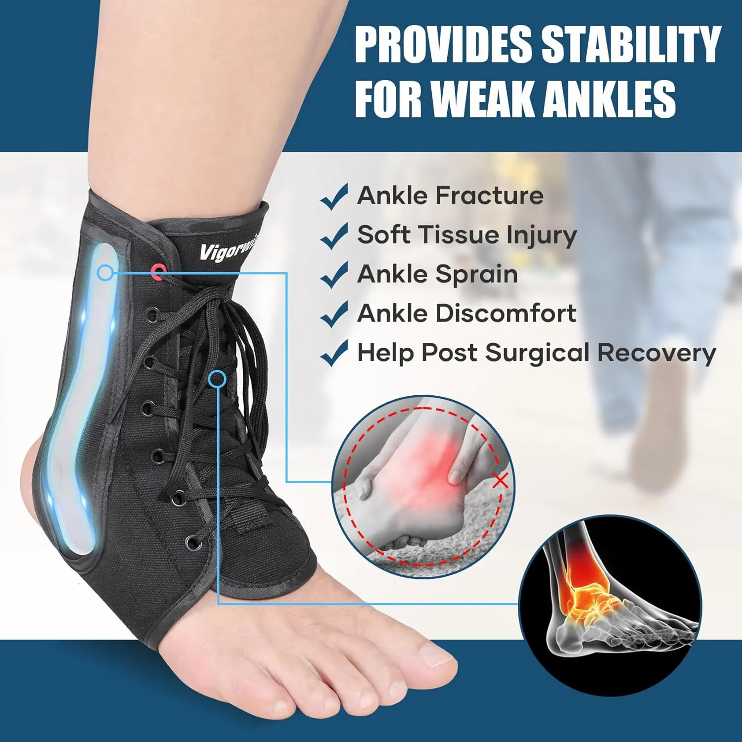 Ankle Brace for Sprained Ankle, Lace up Ankle Brace with 1Pair Metal and Plastic Support Bars, Ankle Stabilizer Brace for Men Women, Achilles Tendon Support Brace for Left Right, L