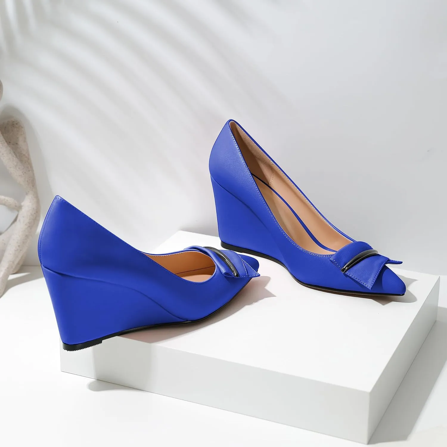 AUMOTED Women Wedge Heels Pumps Pointed Toe Slip on High Heeled Bow Heels Classic Wedge Heel Dress Shoes for Office Wedding Work Evening 3.5 Inches