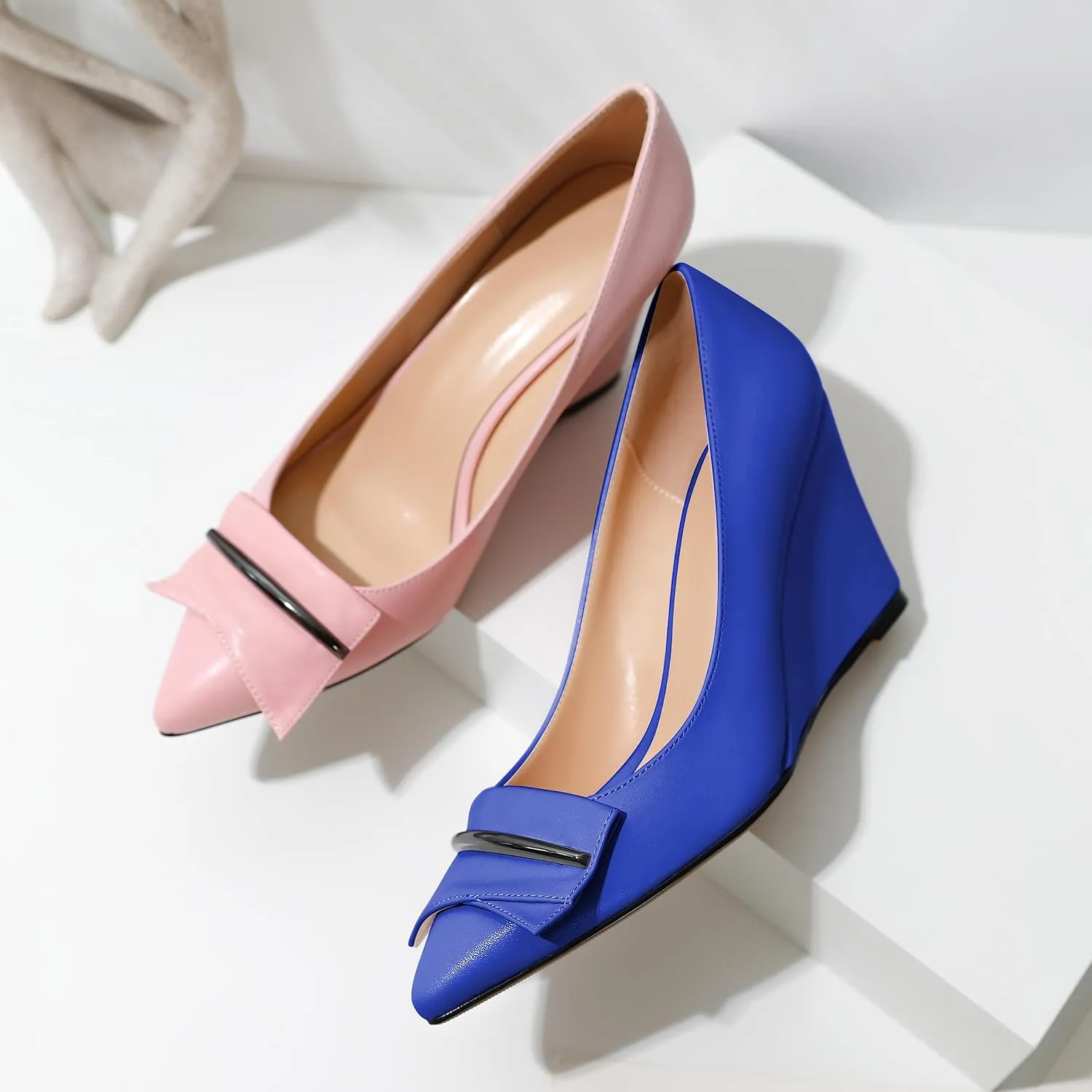 AUMOTED Women Wedge Heels Pumps Pointed Toe Slip on High Heeled Bow Heels Classic Wedge Heel Dress Shoes for Office Wedding Work Evening 3.5 Inches