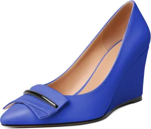 AUMOTED Women Wedge Heels Pumps Pointed Toe Slip on High Heeled Bow Heels Classic Wedge Heel Dress Shoes for Office Wedding Work Evening 3.5 Inches