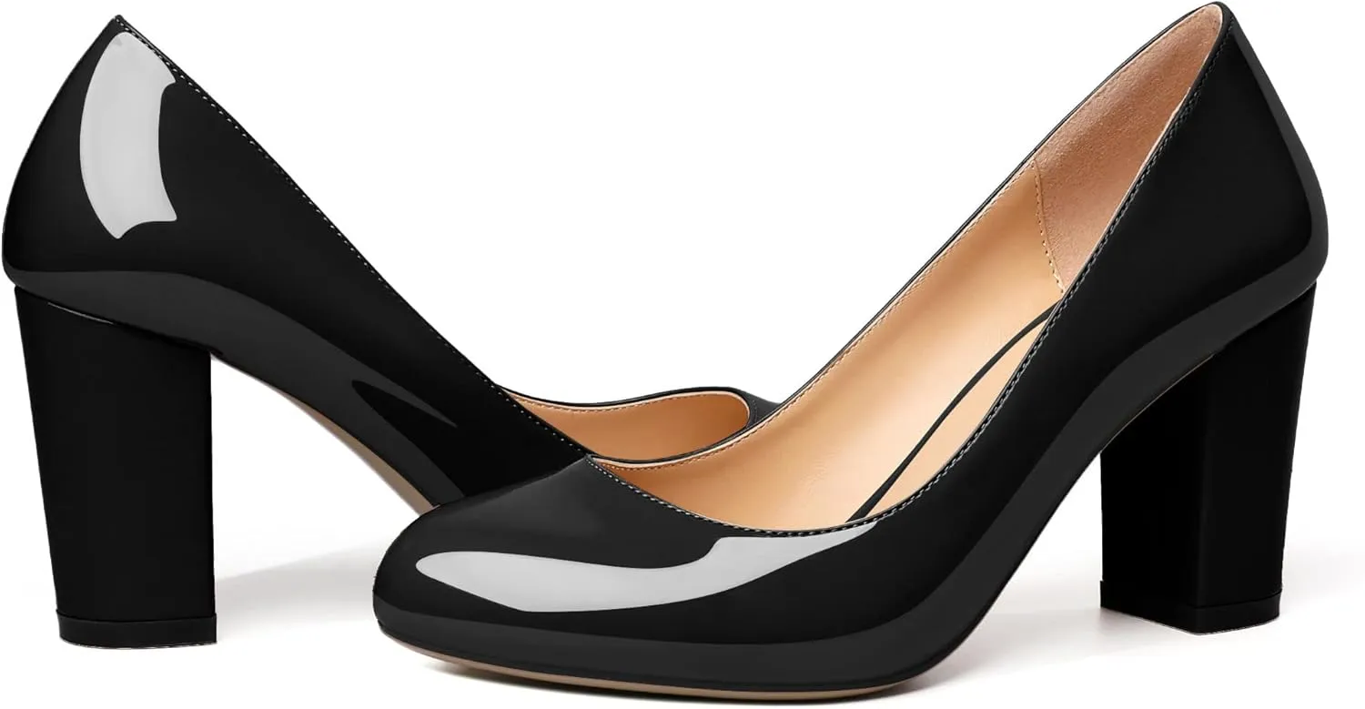 AUMOTED Women's Chunky Block High Heel Pumps Solid Round Toe Pumps Shoes 3.4 Inch Patent Dating Slip On Dress Shoes 3.4 Inch US Size 5-13