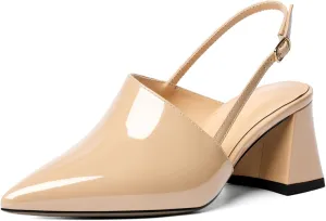 AUMOTED Women's Slingback Block Heels Pointed Closed Toe Patent Solid Mid Heel Pumps Chunky Dating Party Dress Shoes 2.5 Inch