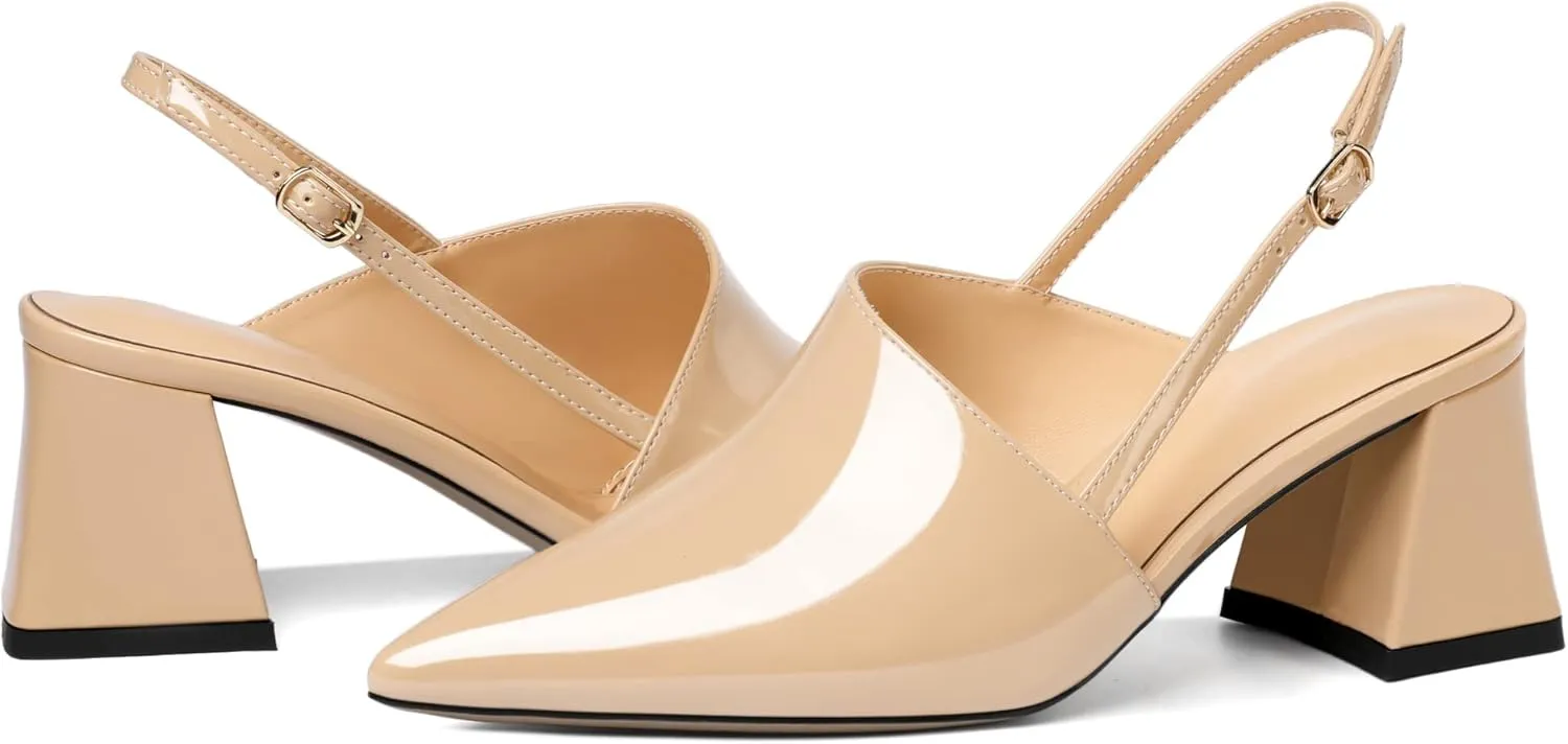 AUMOTED Women's Slingback Block Heels Pointed Closed Toe Patent Solid Mid Heel Pumps Chunky Dating Party Dress Shoes 2.5 Inch