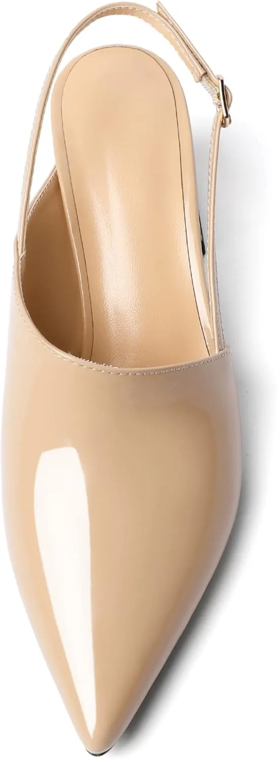 AUMOTED Women's Slingback Block Heels Pointed Closed Toe Patent Solid Mid Heel Pumps Chunky Dating Party Dress Shoes 2.5 Inch