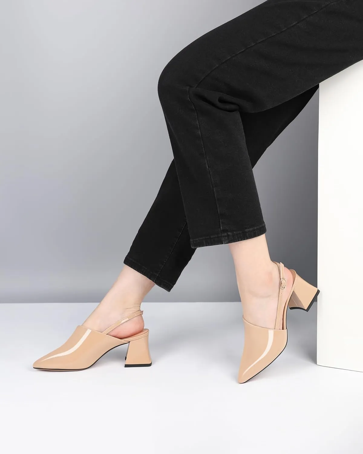 AUMOTED Women's Slingback Block Heels Pointed Closed Toe Patent Solid Mid Heel Pumps Chunky Dating Party Dress Shoes 2.5 Inch