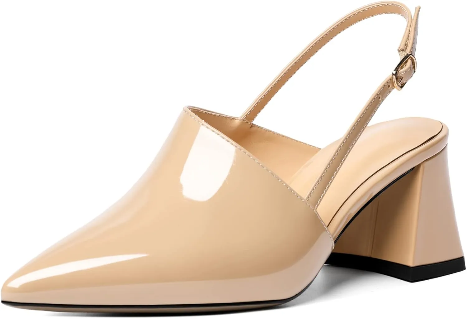 AUMOTED Women's Slingback Block Heels Pointed Closed Toe Patent Solid Mid Heel Pumps Chunky Dating Party Dress Shoes 2.5 Inch