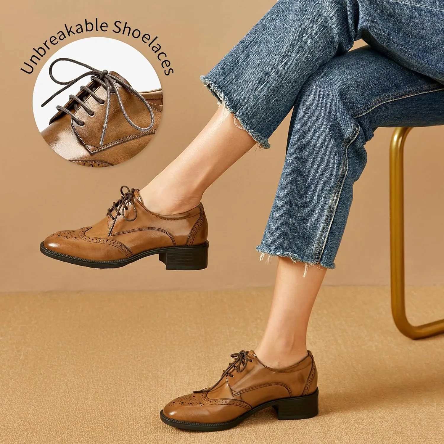 BEAU TODAY Oxford Shoes for Women,Leather Brogue Dress Shoes,Comfort Brethable Ladies Lace-up Handmade Wingtip Shoes for Business Work