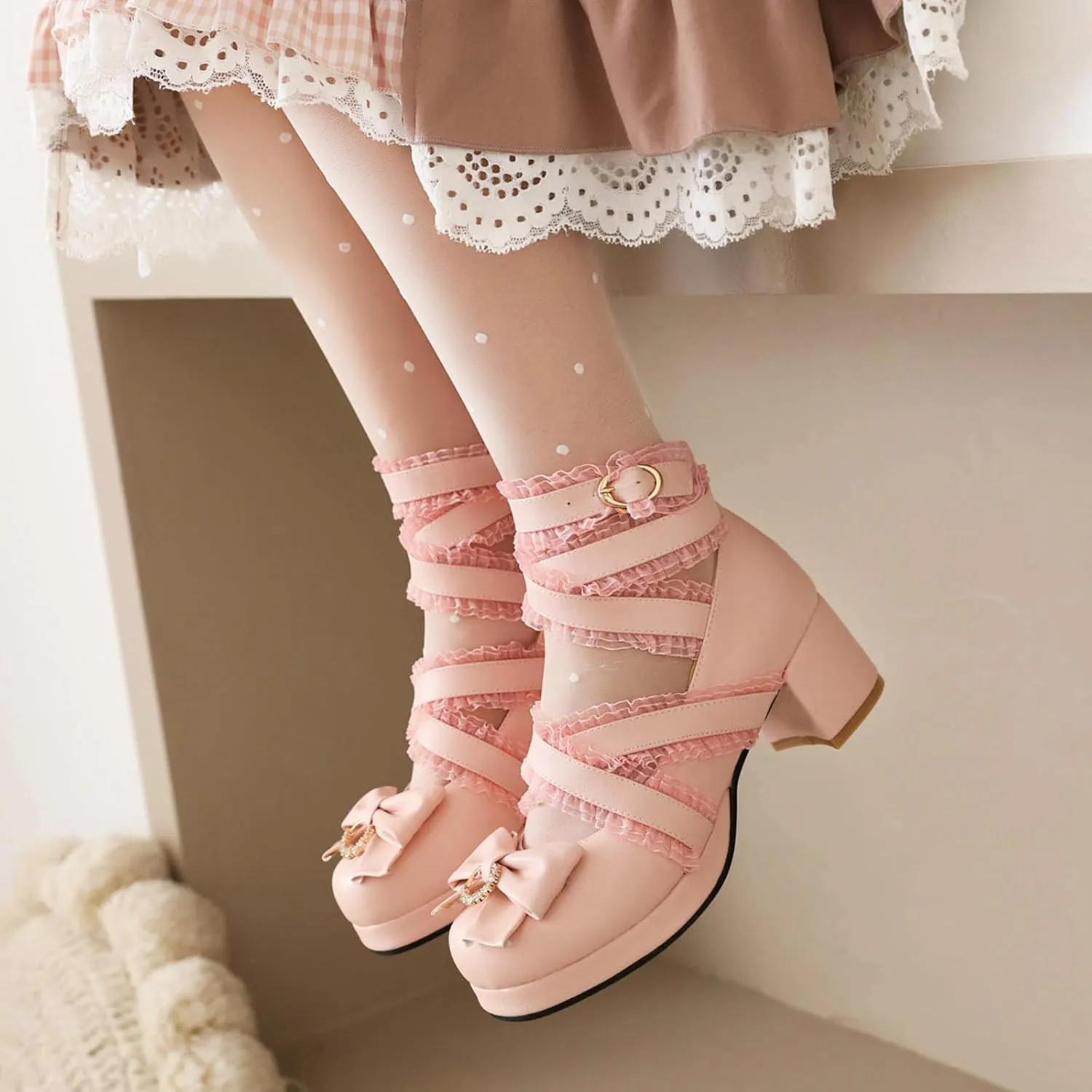 Bowtie Mary Jane Womens Round Toe Block Heels Pumps