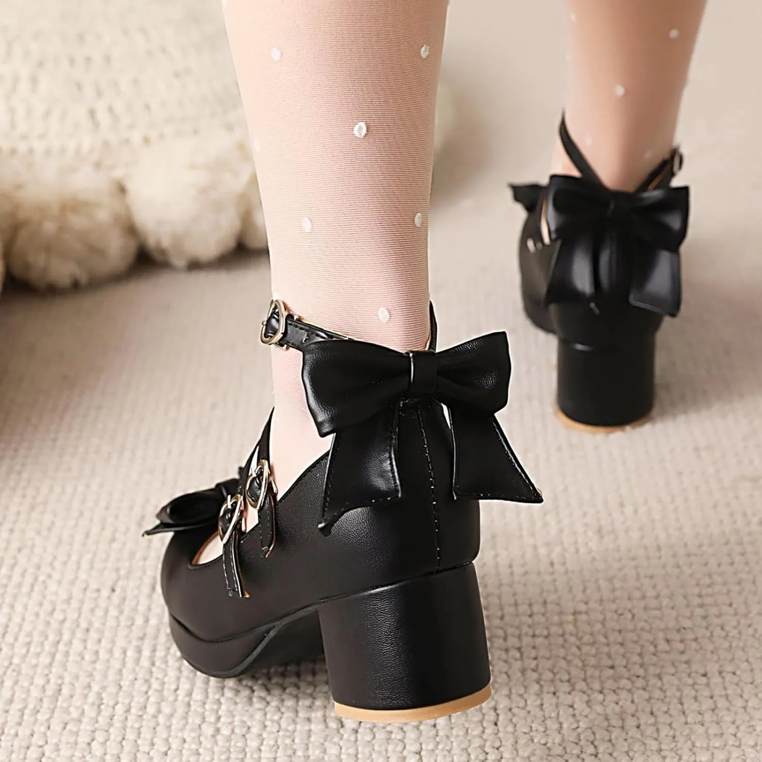 Bowtie Mary Jane Womens Round Toe Block Heels Pumps