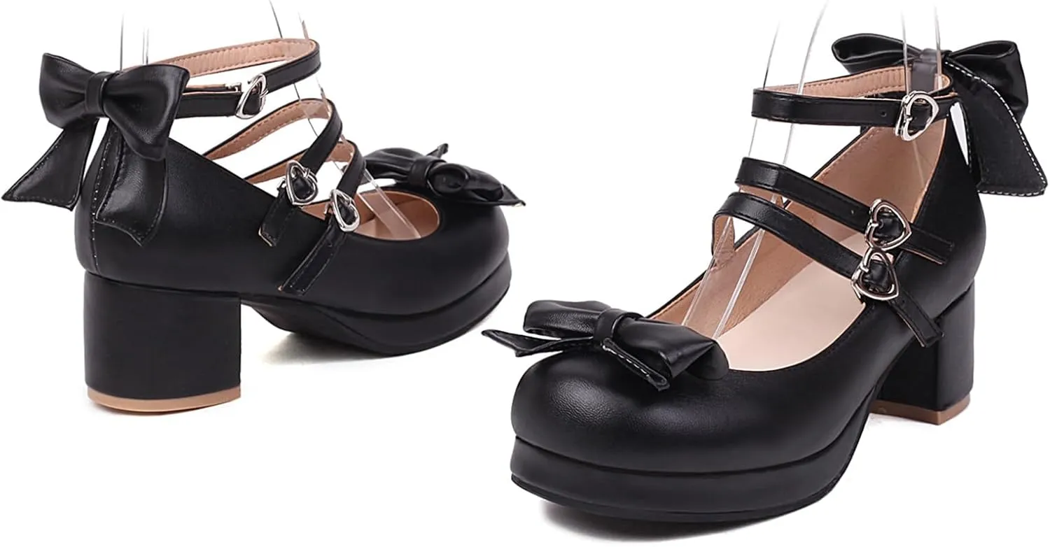 Bowtie Mary Jane Womens Round Toe Block Heels Pumps