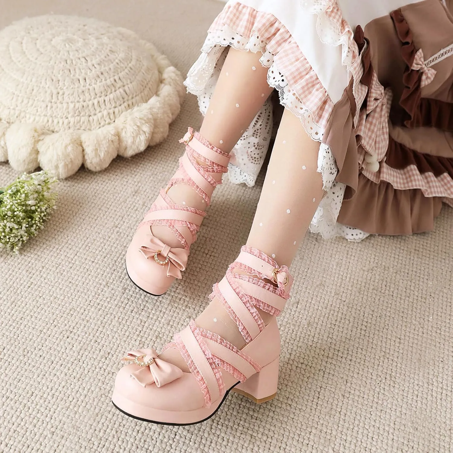 Bowtie Mary Jane Womens Round Toe Block Heels Pumps