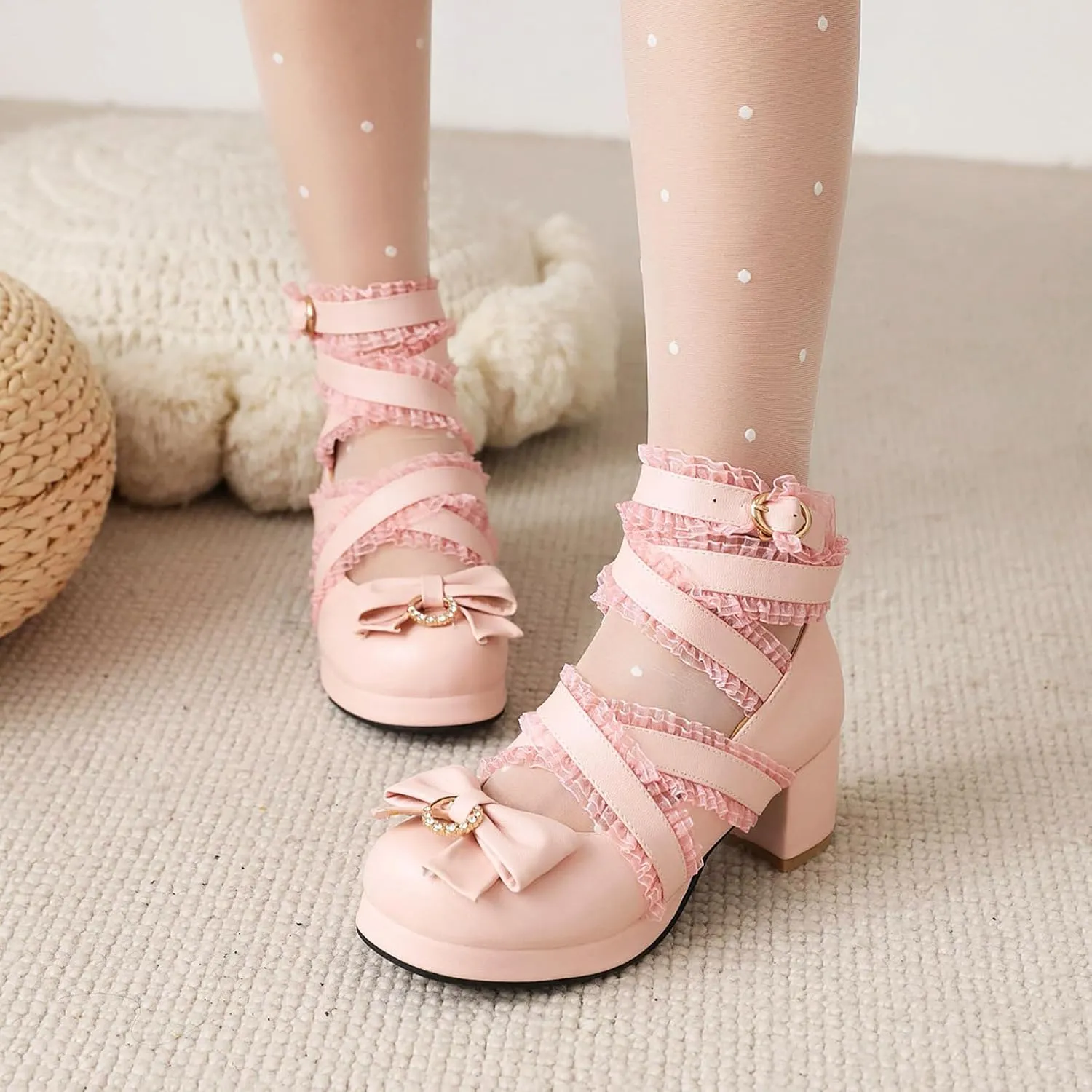 Bowtie Mary Jane Womens Round Toe Block Heels Pumps