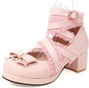 Bowtie Mary Jane Womens Round Toe Block Heels Pumps
