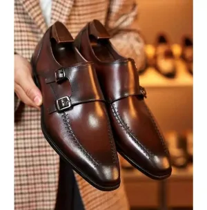 Brown Leather Formal Handmade Double Monk Strap Dress Shoes