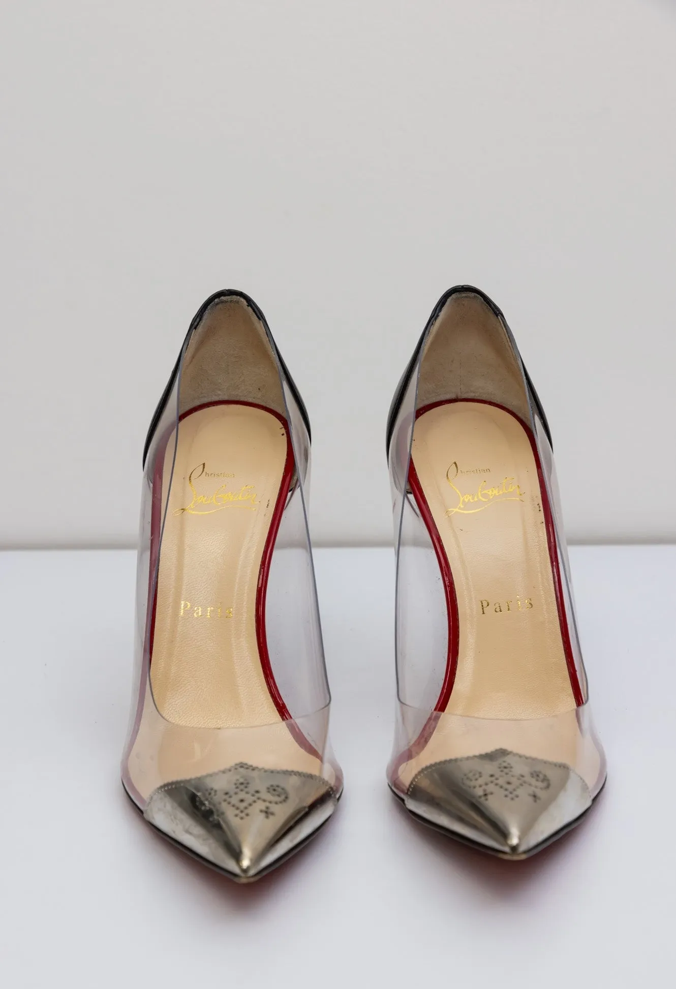 CHRISTIAN LOUBOUTIN Pointed Toe Metal Clear Pumps - Black Silver