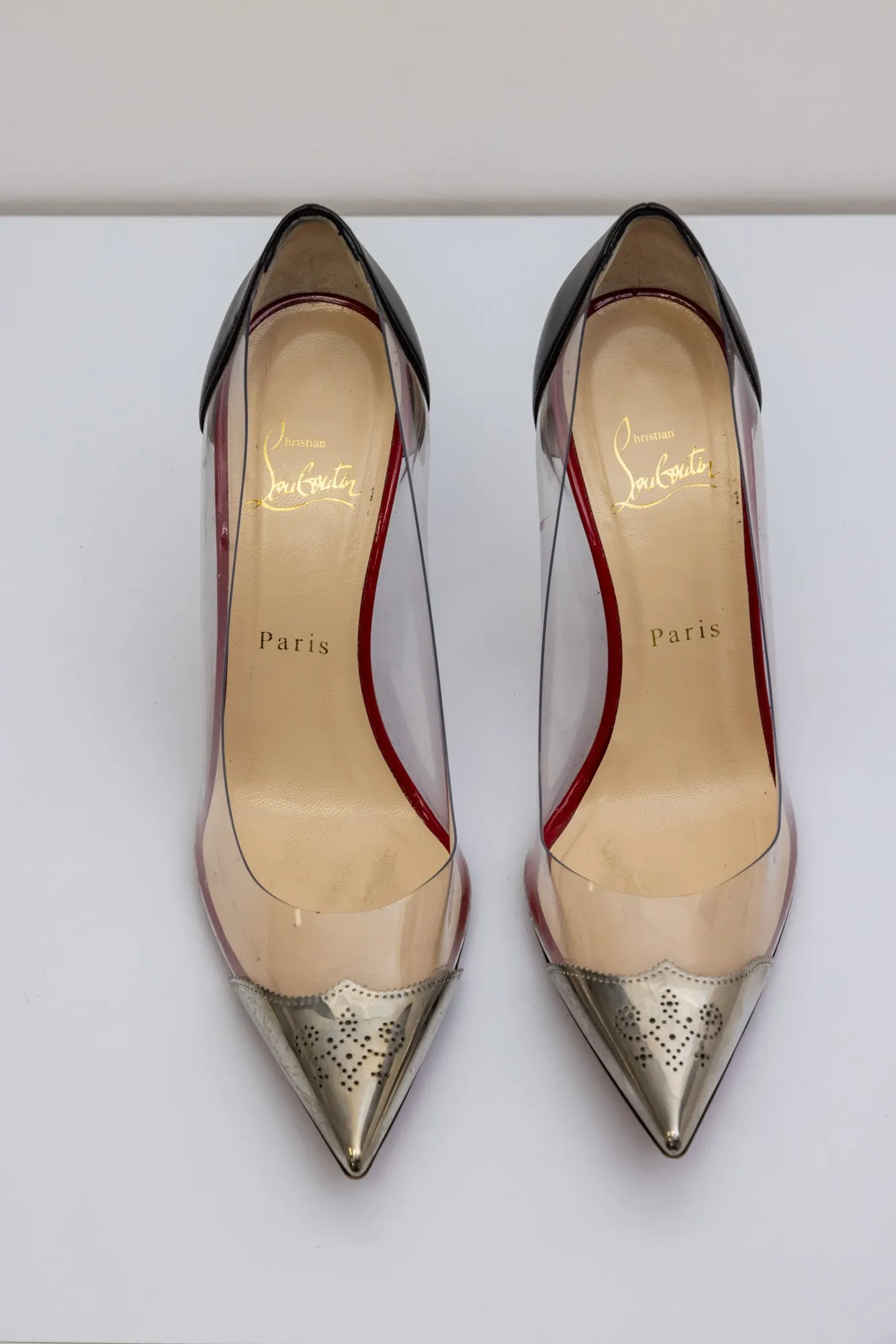 CHRISTIAN LOUBOUTIN Pointed Toe Metal Clear Pumps - Black Silver