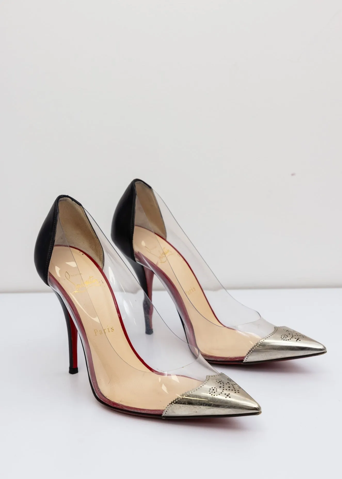 CHRISTIAN LOUBOUTIN Pointed Toe Metal Clear Pumps - Black Silver