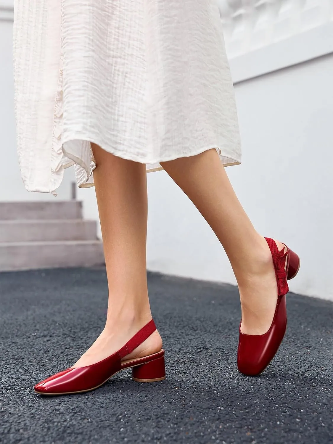 Coutgo Women's Low Block Heels Slingback Bow Closed Square Toe Slip On Work Pumps Dress Shoes