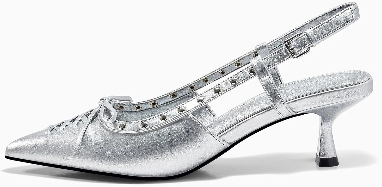 Coutgo Womens Slingback Kitten Heels Closed Pointed Toe Low Heel Dress Shoes Studded Bow Pumps