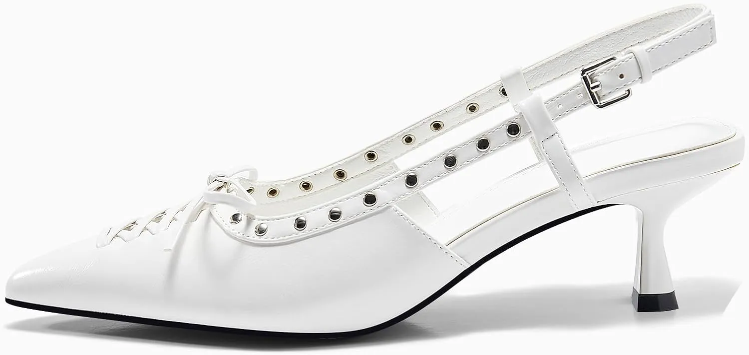 Coutgo Womens Slingback Kitten Heels Closed Pointed Toe Low Heel Dress Shoes Studded Bow Pumps