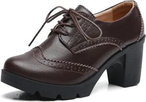 DADAWEN Women's Classic T-Strap Platform Mid-Heel Square Toe Oxfords Dress Shoes