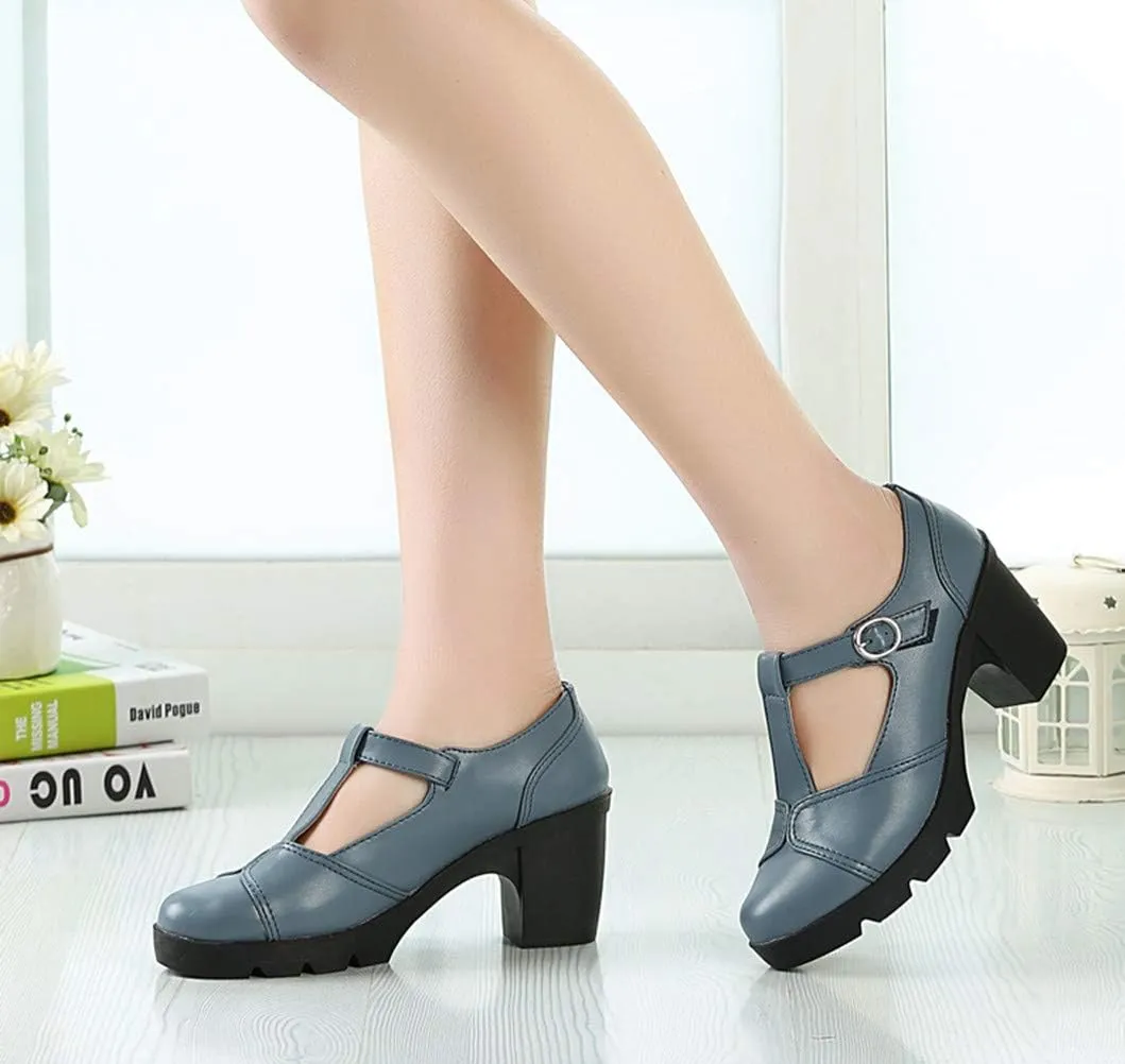 DADAWEN Women's Classic T-Strap Platform Mid-Heel Square Toe Oxfords Dress Shoes