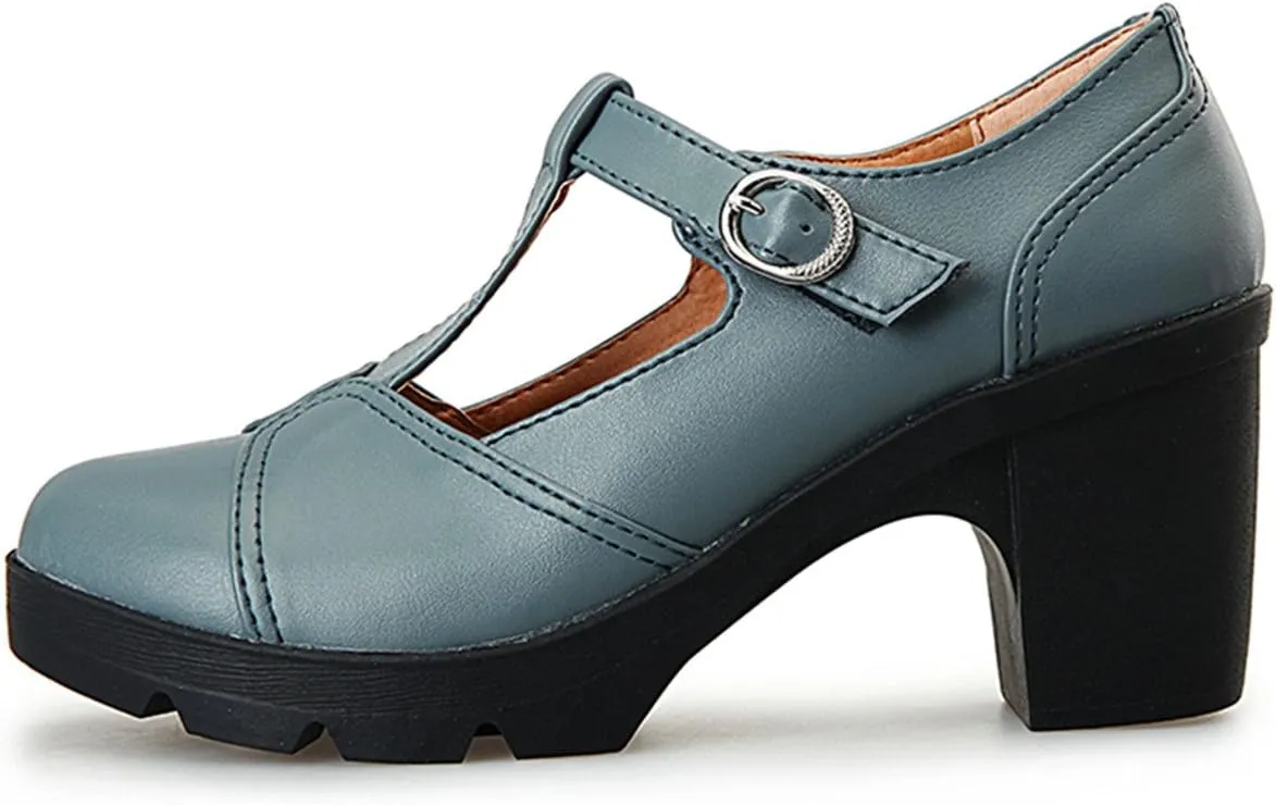 DADAWEN Women's Classic T-Strap Platform Mid-Heel Square Toe Oxfords Dress Shoes