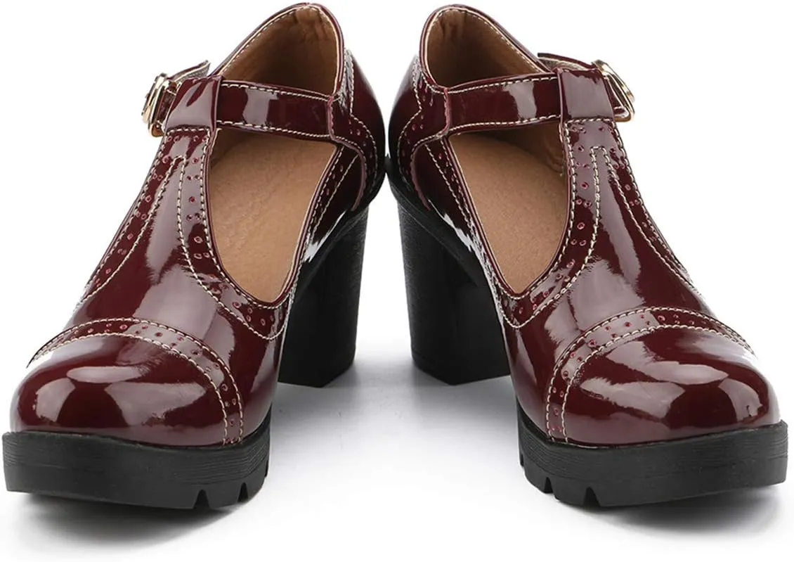 DADAWEN Women's Classic T-Strap Platform Mid-Heel Square Toe Oxfords Dress Shoes
