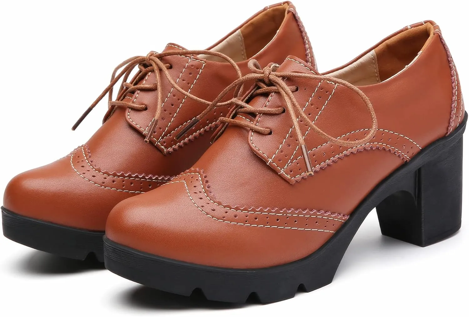 DADAWEN Women's Classic T-Strap Platform Mid-Heel Square Toe Oxfords Dress Shoes