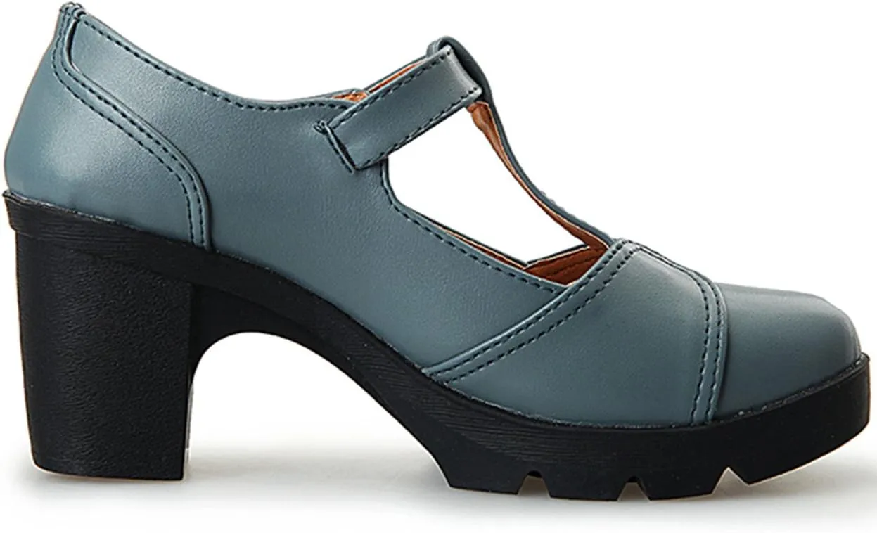 DADAWEN Women's Classic T-Strap Platform Mid-Heel Square Toe Oxfords Dress Shoes