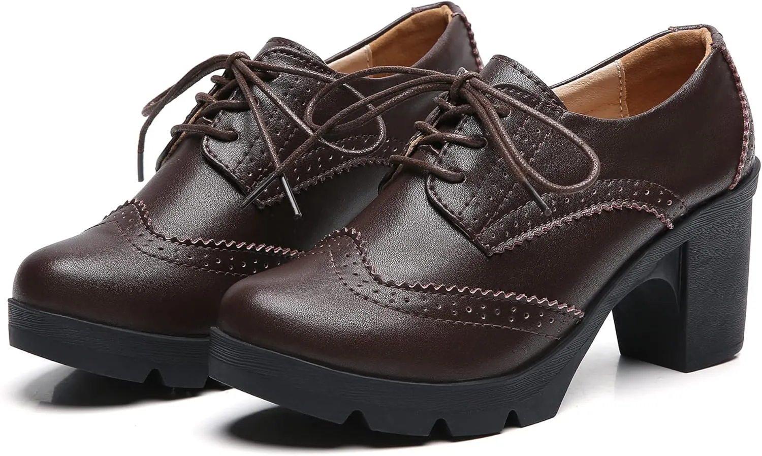 DADAWEN Women's Classic T-Strap Platform Mid-Heel Square Toe Oxfords Dress Shoes