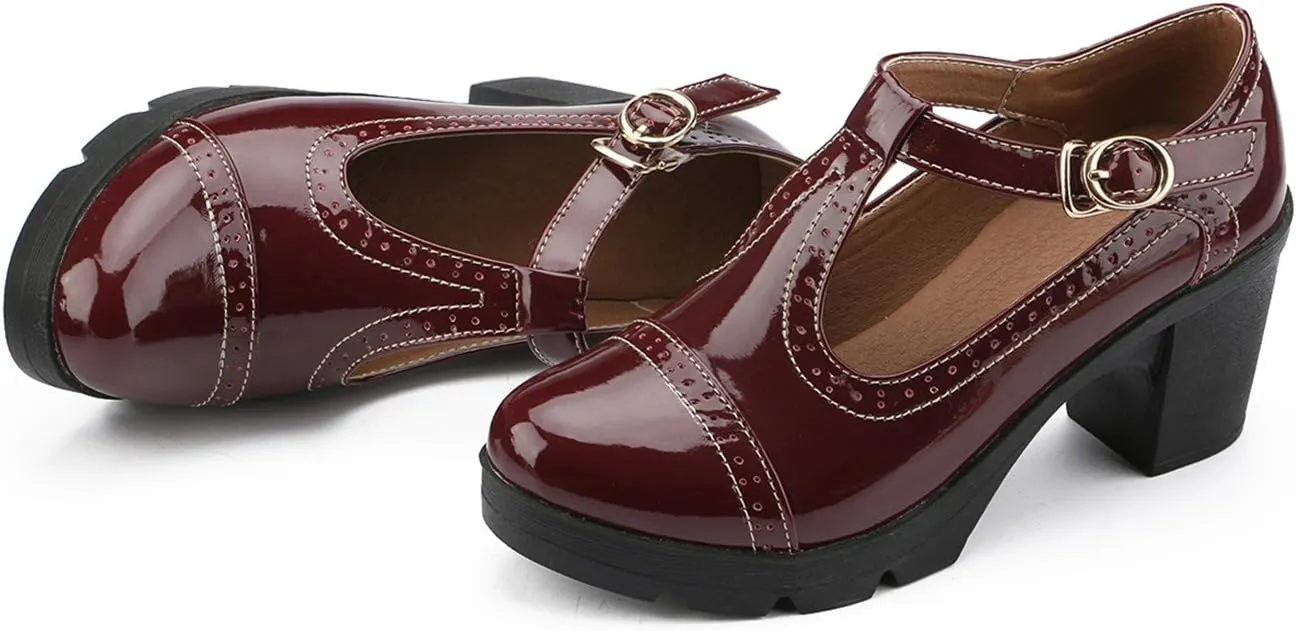 DADAWEN Women's Classic T-Strap Platform Mid-Heel Square Toe Oxfords Dress Shoes