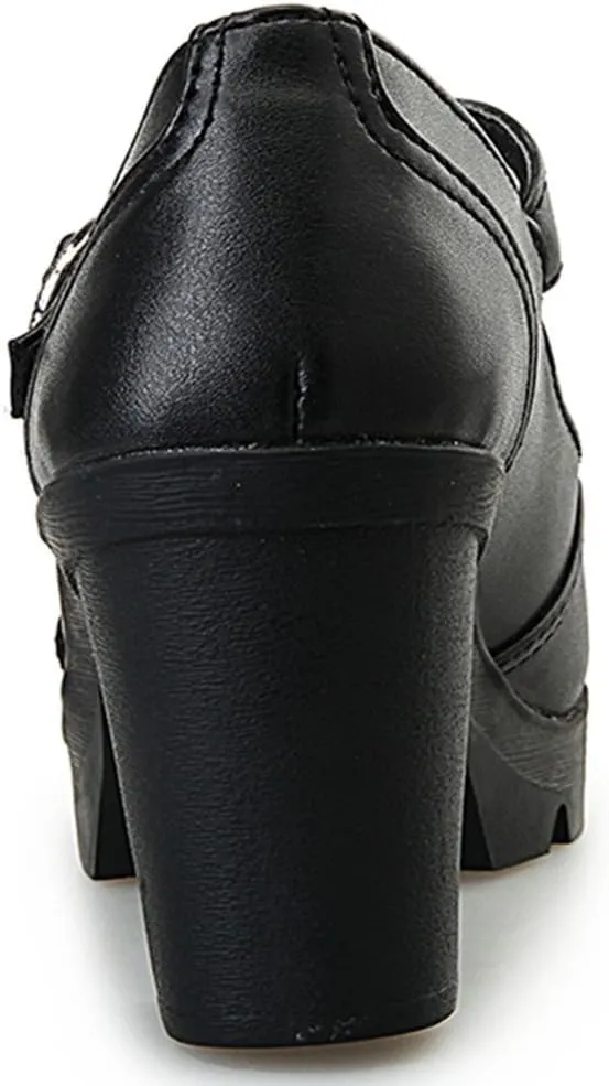 DADAWEN Women's Classic T-Strap Platform Mid-Heel Square Toe Oxfords Dress Shoes