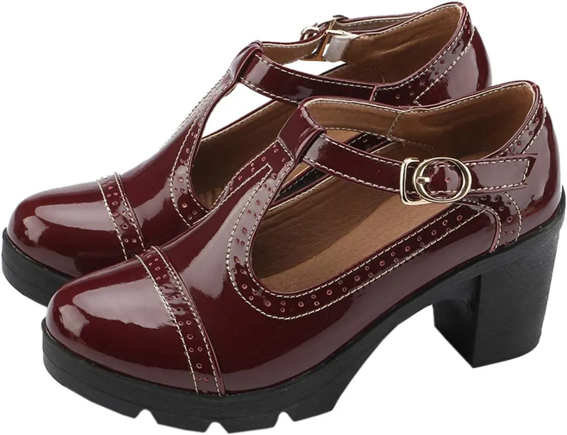 DADAWEN Women's Classic T-Strap Platform Mid-Heel Square Toe Oxfords Dress Shoes