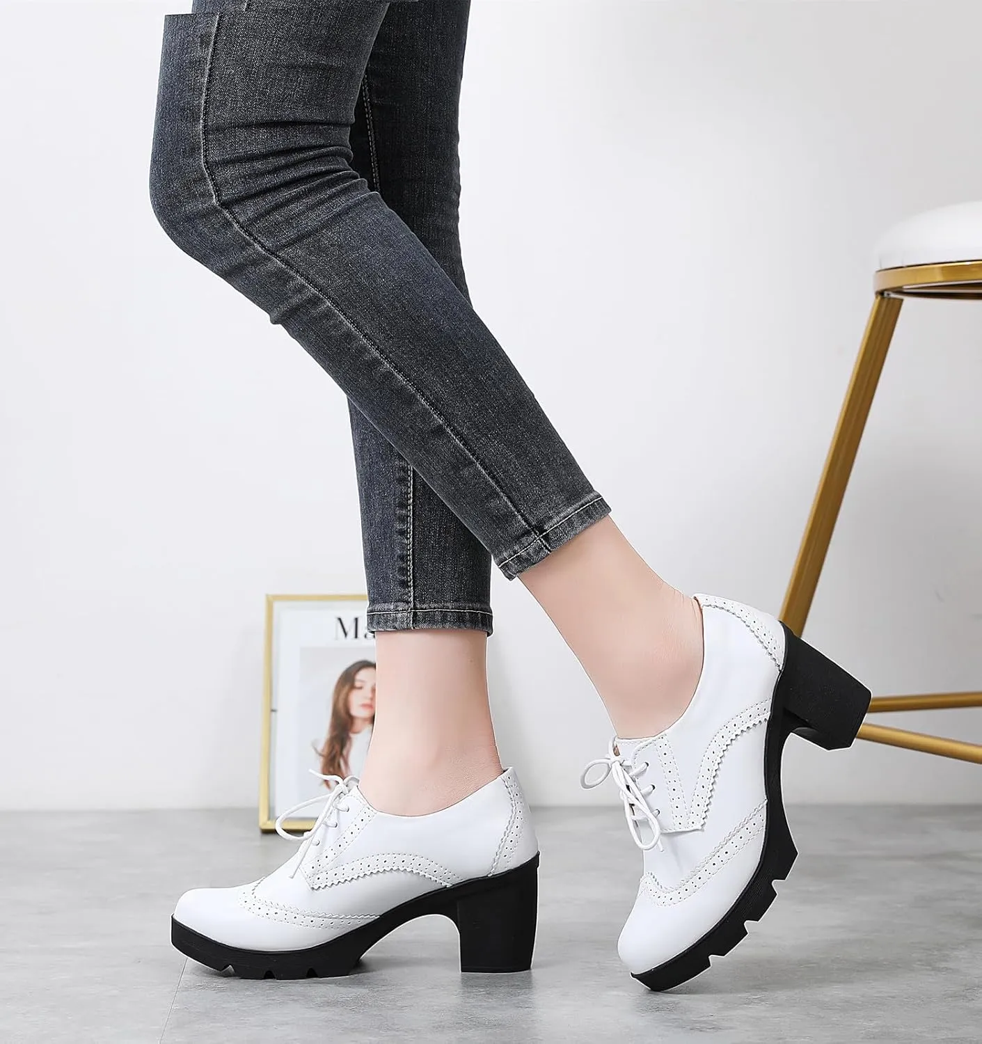 DADAWEN Women's Classic T-Strap Platform Mid-Heel Square Toe Oxfords Dress Shoes