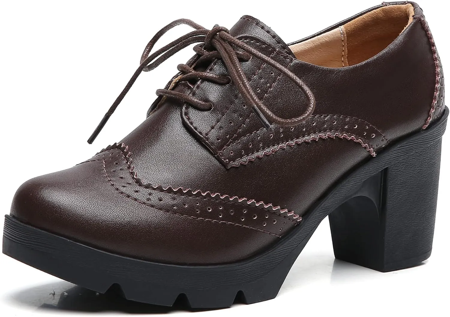 DADAWEN Women's Classic T-Strap Platform Mid-Heel Square Toe Oxfords Dress Shoes