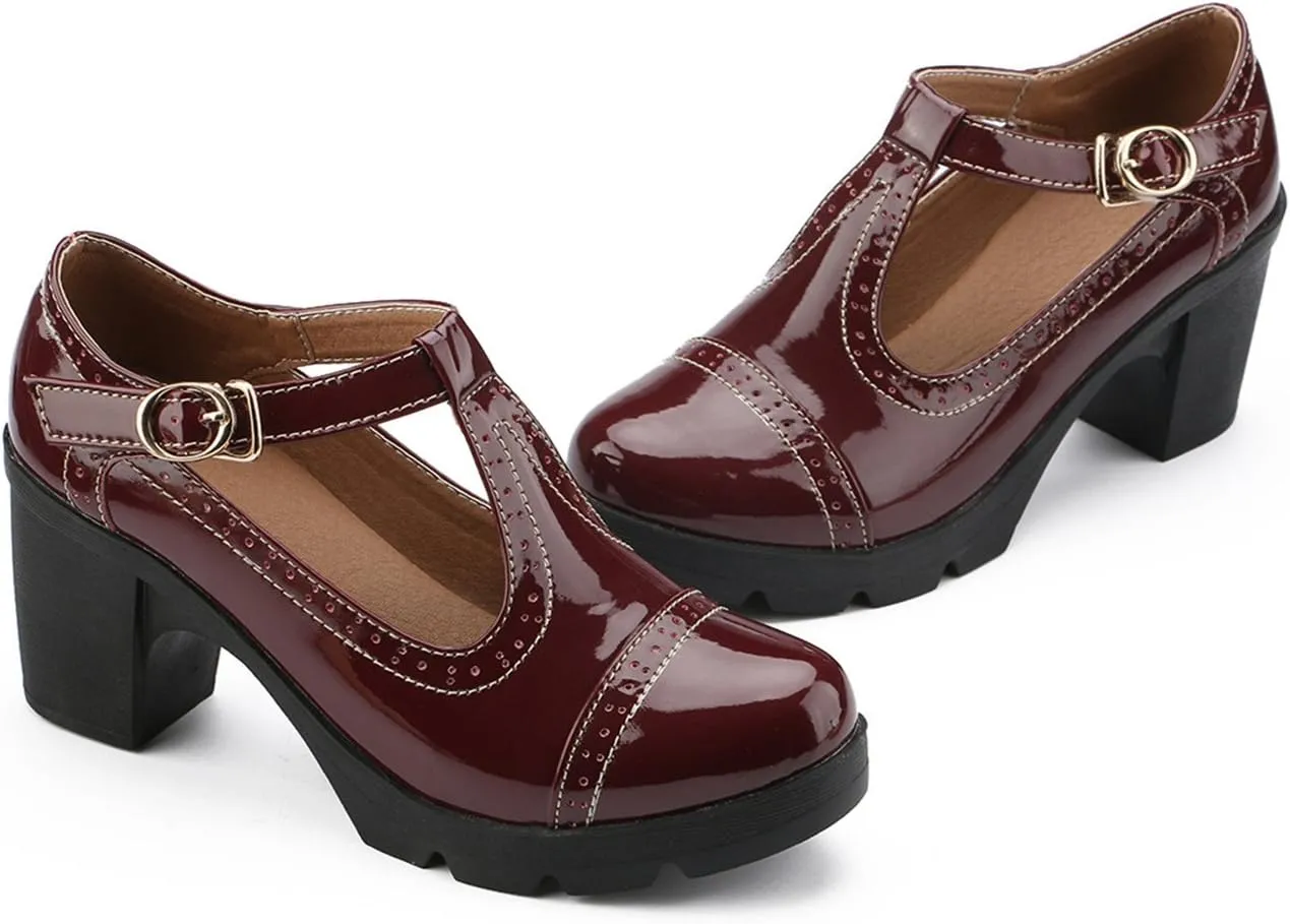 DADAWEN Women's Classic T-Strap Platform Mid-Heel Square Toe Oxfords Dress Shoes