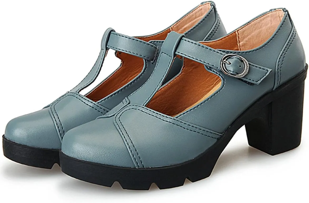 DADAWEN Women's Classic T-Strap Platform Mid-Heel Square Toe Oxfords Dress Shoes